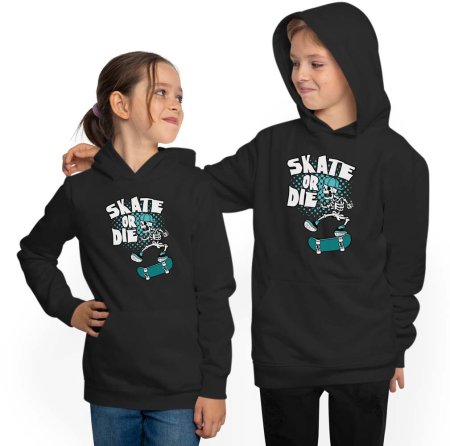 Skater Hoodie Kids Hooded Sweater - "Skeleton, Skate or Die" i518